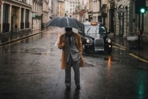 Man in rain with umbrella